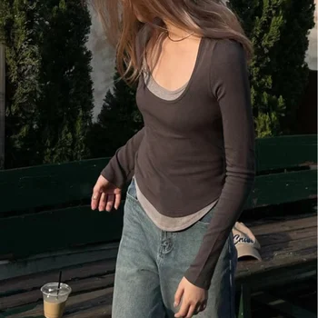 Пролет 2023 г., женски съкратен върхове, корейски стил, ретро, лоскутная тениска с неправилна форма, вязаная еластична тениска с дълги ръкави