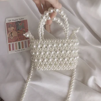 Реколта Перлено Бяла Тканая Чанта ръчна изработка от мъниста, Модни Текстурные Чанта през рамо за Жени, Просто Универсална Женска Чанта