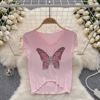 Реколта тениска с къс ръкав и принтом пеперуда, женски летни модни розови дамски блузи с дървени уши 2023 г.