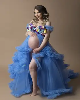 Рокля за бременни с 3D цветя с ръчно изработени за фотосесията, Плисе дамски рокли с волани и отворени рамене, Син халат за детската душа