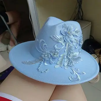 синя фетровая шапка с цветя модел, 3D сватбена шапка с бродерия за мъже и жени, джаз шапка 2023, нова фетровая шапка, нов продукт, сомбреро