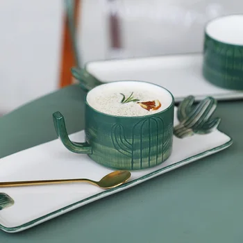 Скандинавска Креативна Чашата за Кафе С Блюдцем Зелен Кактус Керамична Чиния Десерт Торта Творчески Изискан Контейнер За Вода Комплект Чаши и Чинии
