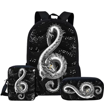 Уникални ученически чанти с принтом дракон под формата на музикална нота, 3 предмет за момчета и момичета, детски студентски чанти за книги, юношеството черна раница с чанта за обяд