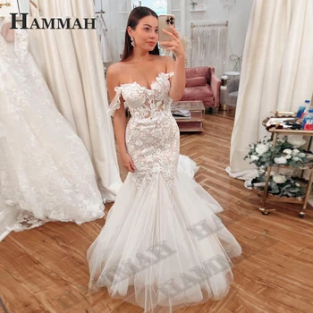 ХАММА Привлекателна Илюзия Сватбена рокля С открити рамене Апликация От Тюл във формата На Сърце Модерен Цип Придворен Струята Персонални