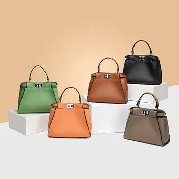 Чанта от телешка кожа, котешка чанта, чанта от естествена кожа, луксозна мода ретро чанта през рамо с въртяща се ключалка, чанта през рамо