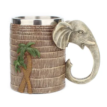 Чаша със слон в тропическите гори, една чаша от неръждаема стомана, чаша за питейна вода, чай, кафе, 3D фигури на слон от смола, креативен подарък