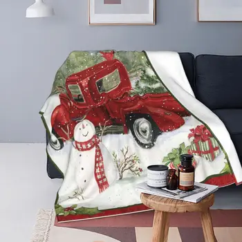 Червено одеяло с Снеговиком за камион, Весела Коледа, Нова Година, Вълнена Винтажное топло одеяло за дома, Пролет-Есен