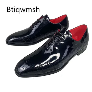 черни Луксозни Мъжки обувки с остри пръсти, черни обувки-лодка от лачена кожа с дърворезба, мъжки оксфордские лоферы
