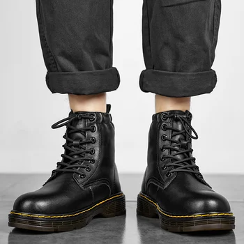 Черни обувки Martin, мъжки обувки 2023, Улични работни обувки от естествена кожа, мотоциклетни ботуши от телешка кожа в двойка, за мъже и жени