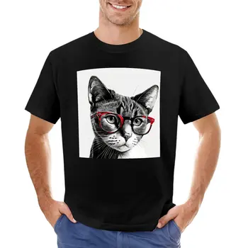 Черно-бял портрет на котката в червени очила, тениска, спортни тениски, тениски с аниме, тениски за спортните фенове, мъжки ризи с графичен дизайн, забавни